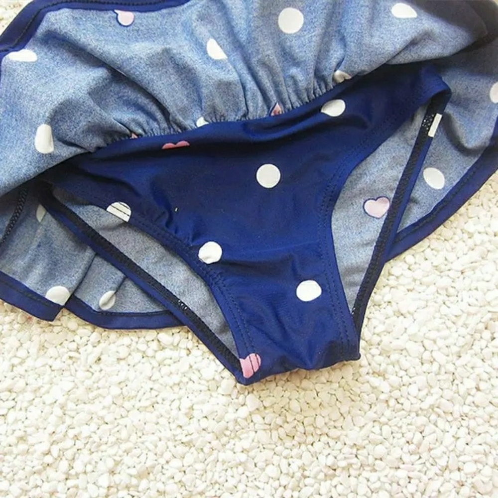 Blue Polka Dot Girls Bathing Suit with Blue Headba - Picture 3 of 4